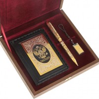 Подарочный набор ГЕРБОВЫЙ, обложка для паспорта, флешка и ручка Златоуст с гравировкой AZY-122942